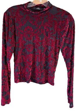 BKE Red Black Long-Sleeve Velvet Burnout Top Moch Neck Grunge Whimsygoth S Y2K